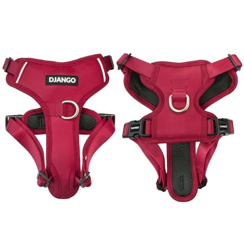 DJANGO No Pull Dog Harness for Large Dogs - Padded Dual Clip - Red, XXL | S-XXL for Dogs 9-100 lbs, Padded Neoprene, 4-Point Adjustable Fit, Front & Back Clips, Reflective Trim, Escape-Proof Fit
