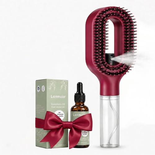 3-in-1 Hair Brush with Spray Mister Includes Rosemary Oil, Detangling Hair Brush with Fine Mist for Wet & Dry Hair, Portable Anti-Frizz Styling Brush for Wavy & Straight Hair