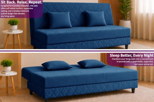 Image of Velvet Fabric Sofa Cum Bed | 3 Seater Sofa Bed | Premium Upholstered Folding Couch for Living Room, Guest Room & Bedroom | Quilted Backrest with 2 Cushions (Blue)