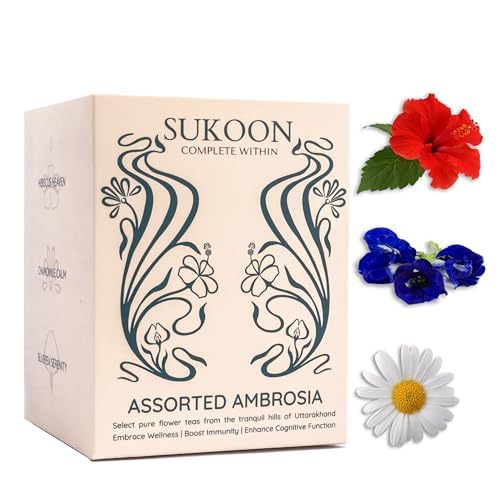 Image of SUKOON Assorted Herbal Tea Bags, 30 Eco-Friendly Pyramid Teabags|Pure Chamomile Tea, Pure Hibiscus Tea, Bluepea Tea Sampler Tea Bags|5 Pcs Teabags Of Each Flavour|Different Tea Flavours Set, 180 Gram