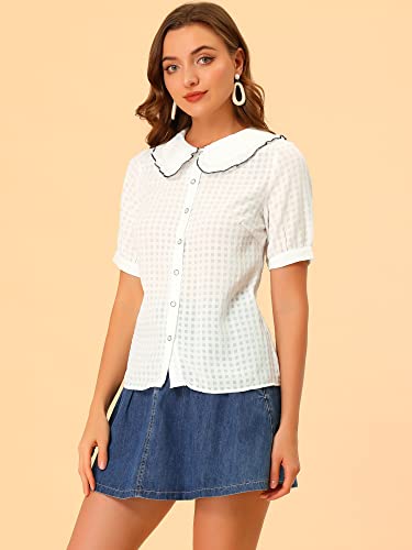 Allegra K Women's Gingham Button Up Shirt Blouse Short Sleeve Peter Pan Collar Tops2