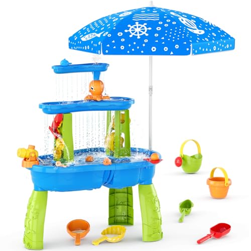 Image of HYES Water Table for Toddlers 3-5 with Umbrella/Water Pumb/Cover, 3-Tier Kids Sand Water Table, Rain Showers Splash Pond for Outdoor Beach, Activity Sensory Play Table for Boys Girls