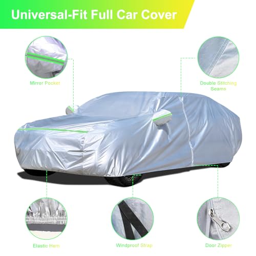 Image of Sedan Car Cover (155-170 inches) - Universal Fit, Waterproof, Dupont Oxford, All Weather, Hail Protector, Sun Protection, Door Zipper