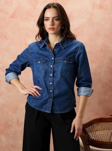 Image of Women's Denim Shirt Full Sleeve Regular Fit Solid Pattern Collared Neck Button Down Casual Wear Stylish Shirt for Girls