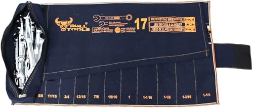 Image of BULL TOOLS Metric Ratcheting Wrench Set SAE, 17-Pocket Roll, with Zip Pouch, Made from Durable Recycled Cotton Canvas for Mechanics, DIYers, and Home Use - Navy Blue