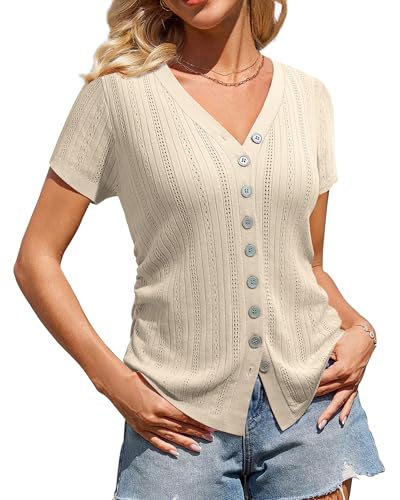 Image of Messic Womens Short Sleeve Sweaters V Neck Casual Summer Knit Pullover Tops