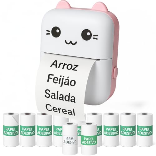 Mini impressora térmica portátil (Rosa) sem fio 200dpi + 10 rolos papel adesivo térmico e 1 rolo comum 57 * 30mm impressão bluetooth para fotos scanners, etiquetas