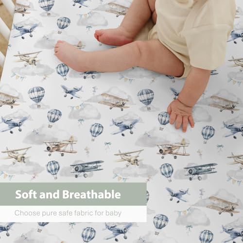 Image of Vintage Planes Airplanes Helicopters Baby Crib Sheets Boy Girl 28 inchx52 inch Hot Air Balloon Plane Clouds Sky Soft Stretchy Fitted Crib Mattress Cover Baby Sheet for Standard Crib & Toddler Mattress Pad