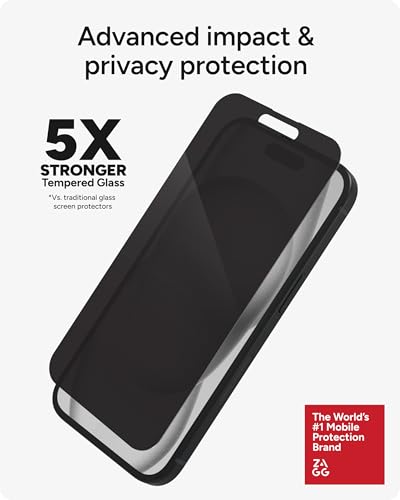 Image of ZAGG Glass Elite Privacy iPhone 15 Screen Protector - 5X Stronger with Reinforced Edges, 2-Way Privacy Filter, Scratch & Smudge-Resistant Surface, InvisibleShield, Easy to Install
