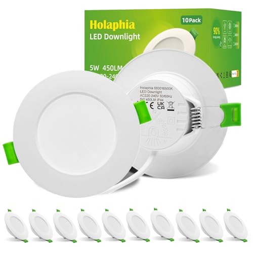 Holaphia Pack 10 Downlight LED Techo Empotrable 5W 450LM Luz Fria 6500K, IP44 Foco Empotrable Techo 70-90MM, Ojos de Buey LED para techo