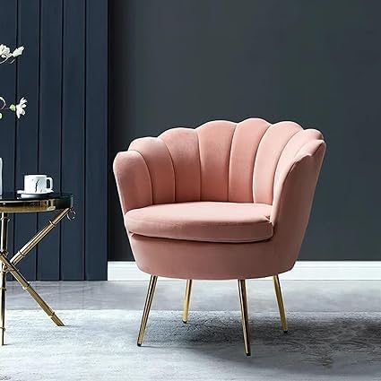 Image of Wooden Velvet Shell Accent Chair, Upholstery, Gold Metal Legs, Channel Tufted Design, Barrel Chair for Living Room, Drawing Room, Bedroom, & Office (Pink)