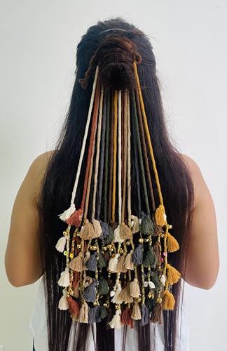 Image of Zippy Flora Boho Handmade Colorful Hair Strings for Navratri | Ethnic Bohemian Hair Accessories for Women & Girls | Multicolor Braided Hairband, Thread Hair Extensions for Festive Styling (Phuljhadi String, Multi Nude Colors)