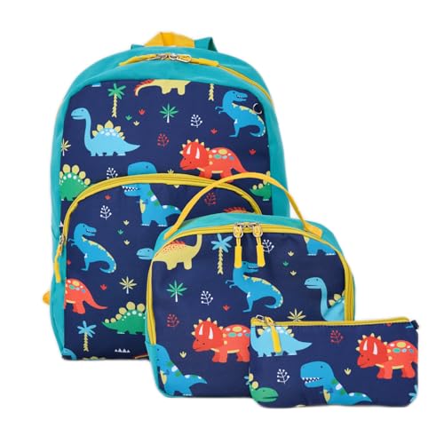 Cokouchyi Conjunto de mochila infantil de 3 peças com lancheira e estojo, mochila pré-escolar leve para meninas, bolsa de livros infantil, Dinossauro, 16.5 x 5.5 x 10.2 inches