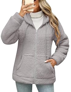 Yuson Girl Teddyjacke Damen Fleecepullover Flauschig Herbst Winter Warm Kuschelpullover Teddyfleece Hoodie Jacke Reißverschluss Plüschjacke Sweatshirt mit Kapuze und Taschen (Grau, M)