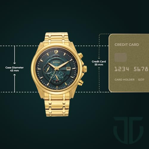 Image of Titan Regalia Premium Quartz Chronograph with Date Forest Green Dial Gold Stainless Steel Strap Watch for Men - NT1830YM02