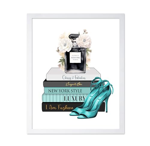 Image of Poster Master Fashion Print - Blue Designer Poster - Shoes & Perfume Art - Chic Gift for Her & Fashionista - Luxury Haute Couture Decor for Bedroom or Girl's Room - 8x10 White Framed