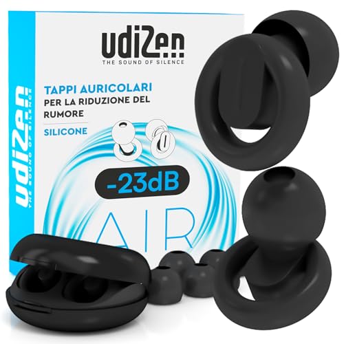 Tappi per Orecchie per Viaggiare Dormire Studiare -23dB Antirumore UdiZen Air Insonorizzanti - 1 Paio Inserti Auricolari Ergonomici Riutilizzabili Riduzione Rumore SNR 23dB Colore Nero con Custodia