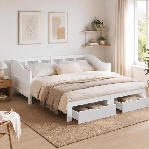 Cama de día extensible 90/180 x 200 cm, sofá cama extensible con 2 cajones, cama de invitados extensible, cama individual y doble para dormitorio, salón, marco de madera maciza, sin colchón (Blanco)