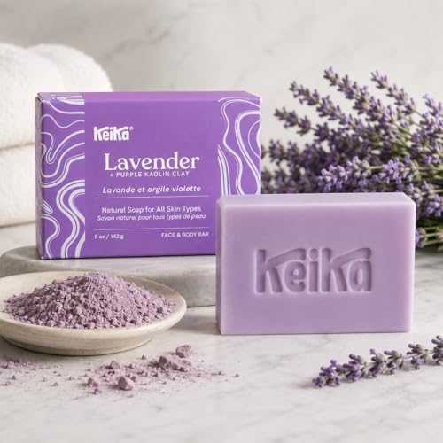 Image of Keika Lavender Soap Bar with Purple Kaolin Clay for Face & Body, Natural Relaxing Spa Bath & Shower Cleanser, 5 oz.
