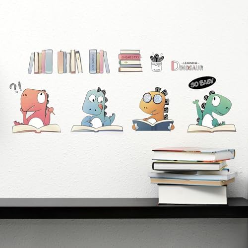 Cute Cartoon Dinosaur Reading Wall Decals Dinosaur Study Wall Sti...