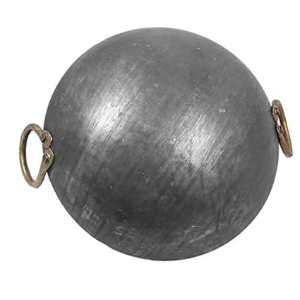 Damurhu Iron Deep Kadai Frying Pan Cooking Multipurpose Use Fry Heavy Base Kadhai Handmade with Handle Golden Rings Silver Color Size-9