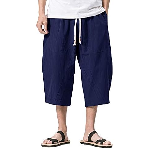 KEFITEVD Summer Baggy Cotton Linen Shorts for Men Wide Leg Yoga Long Shorts 3/4 Breathable Boho Pants with Pockets Navy Blue, 38 Cover