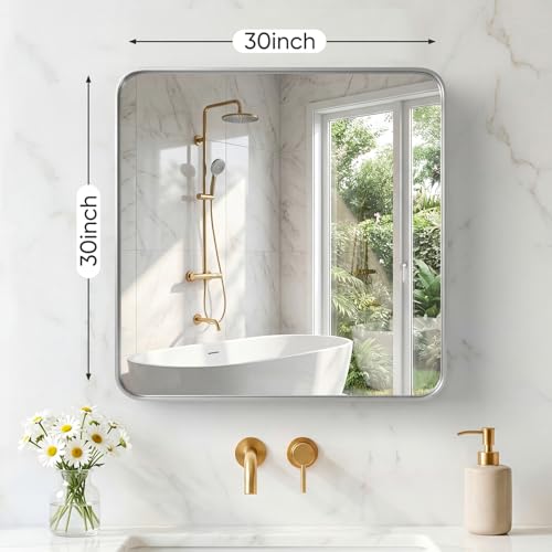 Image of Sweetcrispy Bathroom Mirror 30x30 Inch Metal Framed Rounded Rectangle Vanity Mirror for Wall, Over Sink, Farmhouse, Restroom, Anti-Rust, Modern Decorative, Horizontal or Vertical Hanging, Silver