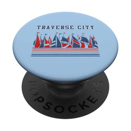 Traverse City Sailboats Retro Rayas Coloridas Michigan MI PopSockets PopGrip Adhesivo