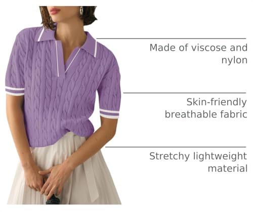 Image of Micoson Womens Short Sleeve Sweater Tops Lapel V Neck Polo Shirts 2026 Summer Cable Knit Loose Blouse Business Casual Outfits