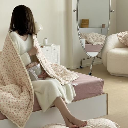 Image of BuLuTu Pink Floral Kids Quilts Full Bed Comforter for Girls Teens Cotton Muslin Quilted Blanket with Chic Lace Edges Reversible Galsang Flower Pattern Quilt, 1 Piece, 79 inchx90 inch
