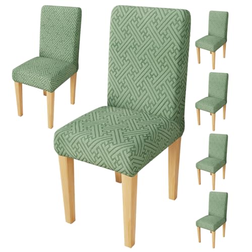 Image of Lukzer Elastic Dining Chair Cover - 6PC Pastel Green Grid Maze | Textured High Stretch Jacquard Seat Cover | Removable Washable Short Dining Chair Cover Protector Seat Slipcover | (CC-107-06)
