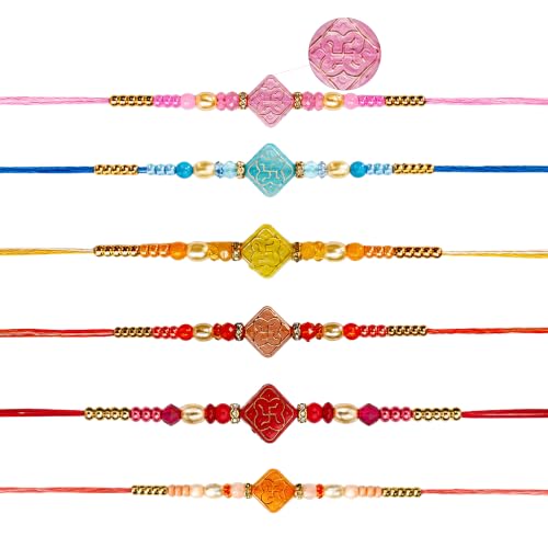 SAJTOX 6 Pcs Handmade Designer Rakhi Set for Brother, Colorful, Floral & Traditional Thread Design, Multi Color, Adjustable, Polyester Blend (Handmade Beaded Rakhi) (Handmade Beaded Rakhi) by SAJTOX - Used condition - Image 2