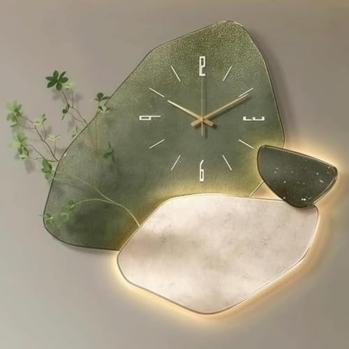 Orologio da parete moderno in pietra arenaria con luce LED, design murale 3D, motivi geometrici, verde artificiale, ideale per soggiorno, sala da pranzo, ufficio e scuola