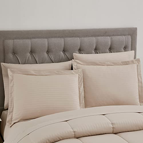 Image of Sweet Home Collection 8 Piece Bed In A Bag with Dobby Stripe Comforter, Sheet Set, Bed Skirt, and Sham Set - Queen - Beige