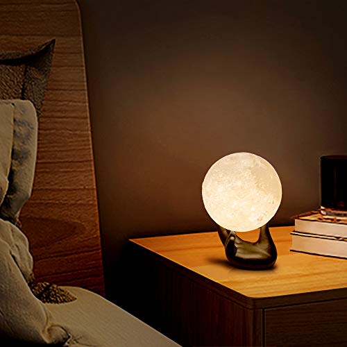 Brightworld Moon Lamp, 3.5 Inch 3D Printing Lunar Lamp Night Light With Black Hand Stand As Kids Women Girls Boy Birthday Gift, Usb Charging Touch Control Brightness Two Tone Warm Cool White #TOP4