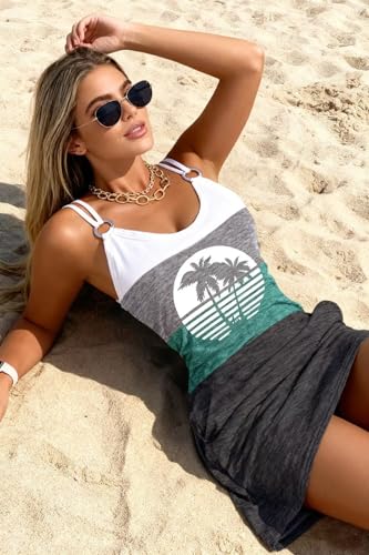 Image of Live Simple Coconut Tree Color Block Mini Dress for Women Summer Beach Vacation Tank Dresses Sleeveless Short Dress