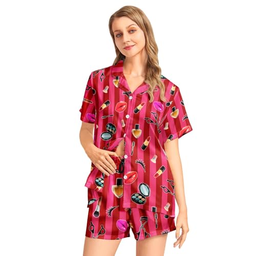 Image of Funny Pajamas for Women Set Print Satin Loungewear Pjs Short Sleeve Button Down Top and Shorts Sets Sleepwear XS-3XL