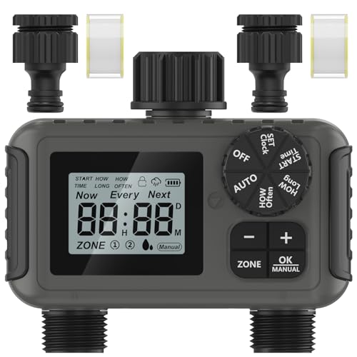 Bewässerungscomputer 2 Ausgänge, Großem LED-Display, Bewässerungs-Timer mit Regenverzögerung/manueller Übersteuerung/Wasserhahn-Timer, geeignet für Gärten, Rasenflächen und Topfpflanzen.