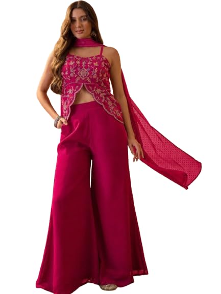Women's Pink Embroidered Kurti with Wide Leg Palazzo Pants & Dupatta | Traditional Indian Ethnic Wear-picture-15