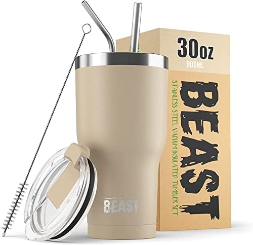 Beast Tumbler - 550 ml (20 oz), Aqua Blue | Reusable Stainless Steel, Vacuum Insulated Cup | with + 2 Straws & Cleaning Brush | Double Wall Travel Flask Perfect for Hot or Iced Coffee | BPA Free