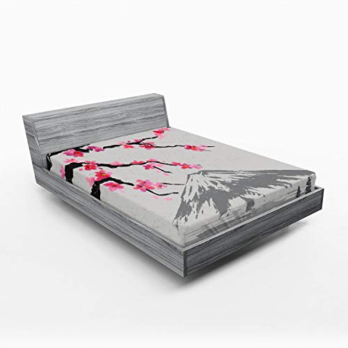Ambesonne Japanese 2 Pack Fitted Sheet, Fujiyama Cherry Blossoms, Bed Cover All-Round Elastic Deep Pockets 2 Pieces, Package Contains 2 King Size Fitted Sheets, Black Grey
