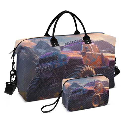 Large Travel Duffel Bag, Red Truck Sports Tote Gym Bag, Shoulder Weekender Overnight Bag for Women Men, Carry On Luggage with Toiletry Bags