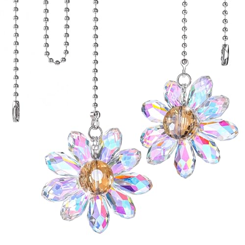 Image of 2Pcs Crystal Ceiling Fan Pull Chains, 1.8 inch Crystal Glass Flower Pendants with 25 inch Ceiling Fan Chain Extender and Connector, Rainbow Fan Pull Decorative for Bathroom Toilet Light Ceiling