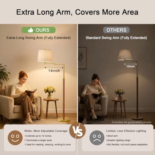 Image of G-SAFAVA Real Wood Floor Lamps for Living Room Bedroom, 61 inch Floor Lamp with 350 Adjustable Swing Arm Vintage Lamps for Living Room
