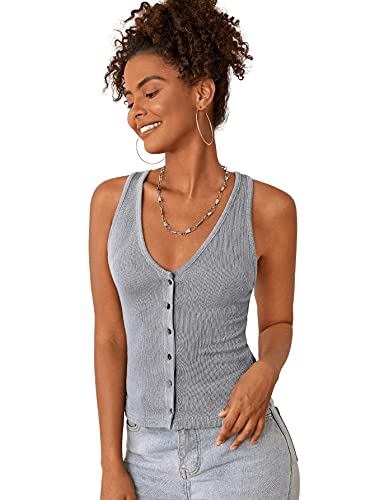 Sweatyrocks Women's Sleeveless Button Front V Neck Tank Top Ribbed Knit Summer Top Grey L #TOP25