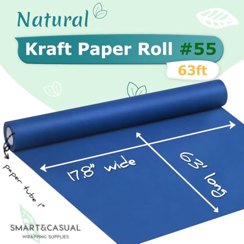 Image of SMART&CASUAL 17.8 inch x 760 inch (63') Blue Kraft Craft Paper Roll for Gift Wrapping Bulletin Board Bouquet Flower Art Packing Parcel Table Covering 80GSM 55LB (Blue, 17.8 inch x 63')