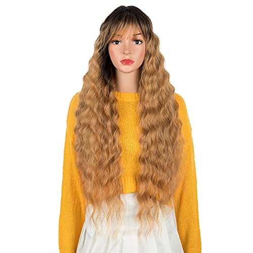 NOBLE Women's Long Wavy Wigs with Bangs 30 inches Synthetic Wigs with Air Bangs for Girl Blonde Brown Wigs for Cosplay Party