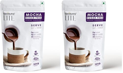 Image of COCOSUTRA SUGAR FREE Drinking Chocolate Mix - Mocha | Zero Sugar, Low Carb, Low Calorie | Stevia & Erythritol based | Keto Friendly Hot Chocolate | Enjoy hot or cold | 200g (Pack of 2)