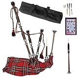 Natural Wood Bagpipe Complete Set | Carry Bag, Practice Chanter, Drone & Pipe Reeds, Tutor Book | Playable Highland Bagpipes in Multiple Tartan Colors (Royal Stewart)