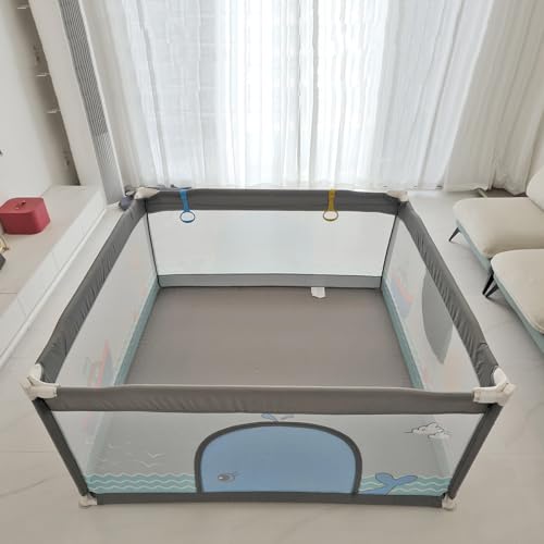 SeedFuture Baby Playpen 59x59 Inch Extra Large with Gate Deep Grey, Soft Breathable Playpen for Toddlers, Safety Infants Playpen, Indoor or Outdoor Kids Activity Yard Kids Playpen with Suction Cup